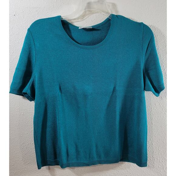 Philippe Marques Teal Blue Green Tight Knit Round Neck Top 16P Lightweight Soft - Picture 7 of 7